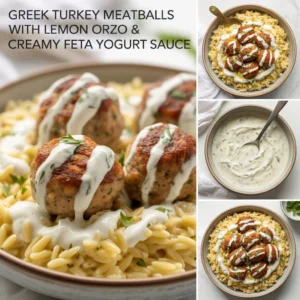 A close-up image of Greek turkey meatballs served on a bed of lemon orzo, topped with creamy feta yogurt sauce. The dish is garnished with fresh herbs. In the other images, there is a bowl of creamy feta yogurt sauce and a full plate of the turkey meatballs and orzo with sauce.