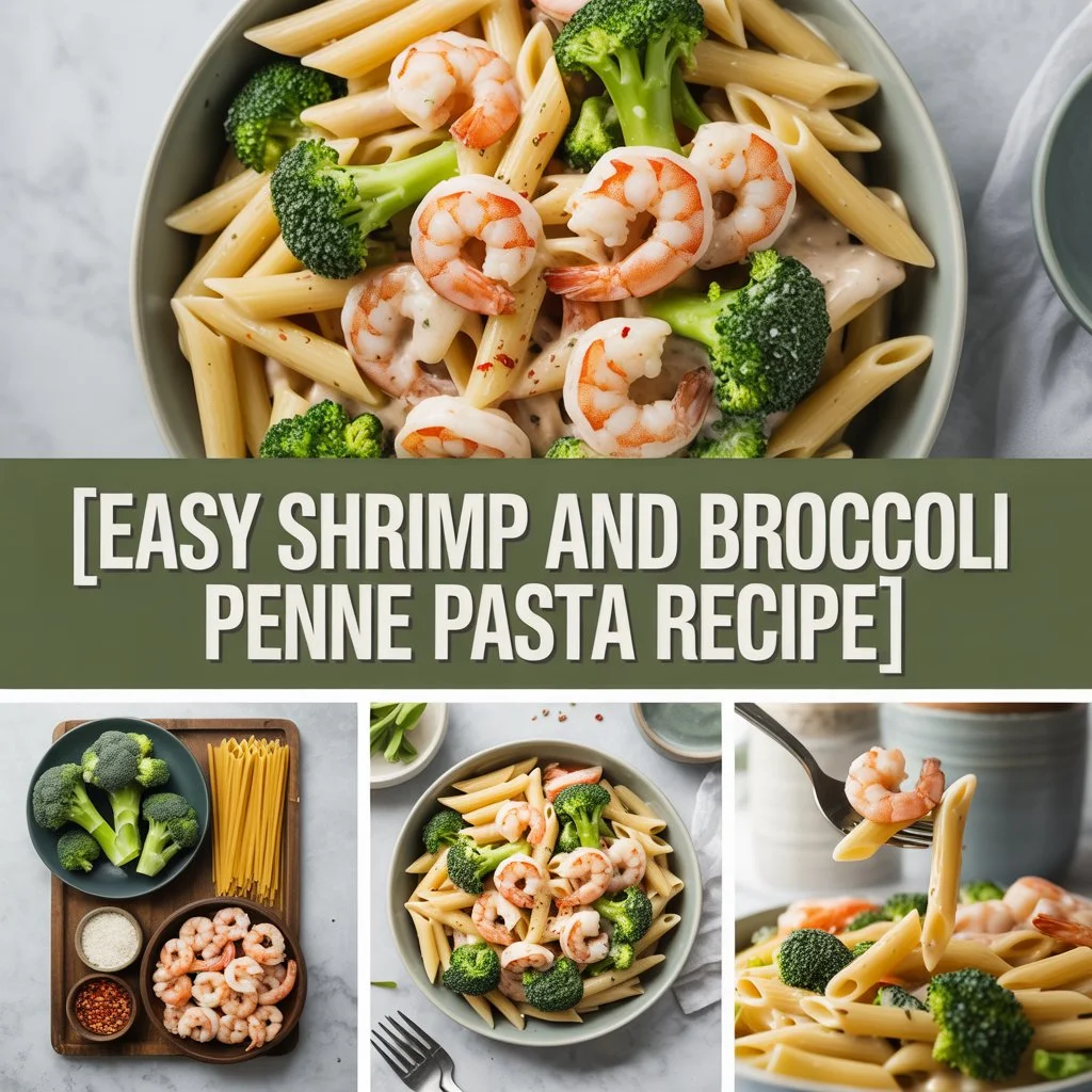 A collage of images showcasing the Easy Shrimp and Broccoli Penne Pasta Recipe. The top image features a close-up of the completed dish with shrimp, broccoli, and penne in a creamy sauce. The bottom left shows ingredients such as broccoli, pasta, shrimp, and seasonings, while the bottom right image shows a fork lifting pasta with shrimp and broccoli.