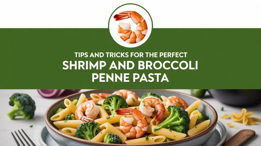  A vibrant image featuring a plate of Shrimp and Broccoli Penne Pasta with shrimp, broccoli, and penne pasta in a creamy sauce. The text overlay reads "Tips and Tricks for the Perfect Shrimp and Broccoli Penne Pasta" in bold white font on a green background. The background includes ingredients like broccoli and pasta, adding a cozy and inviting kitchen vibe.